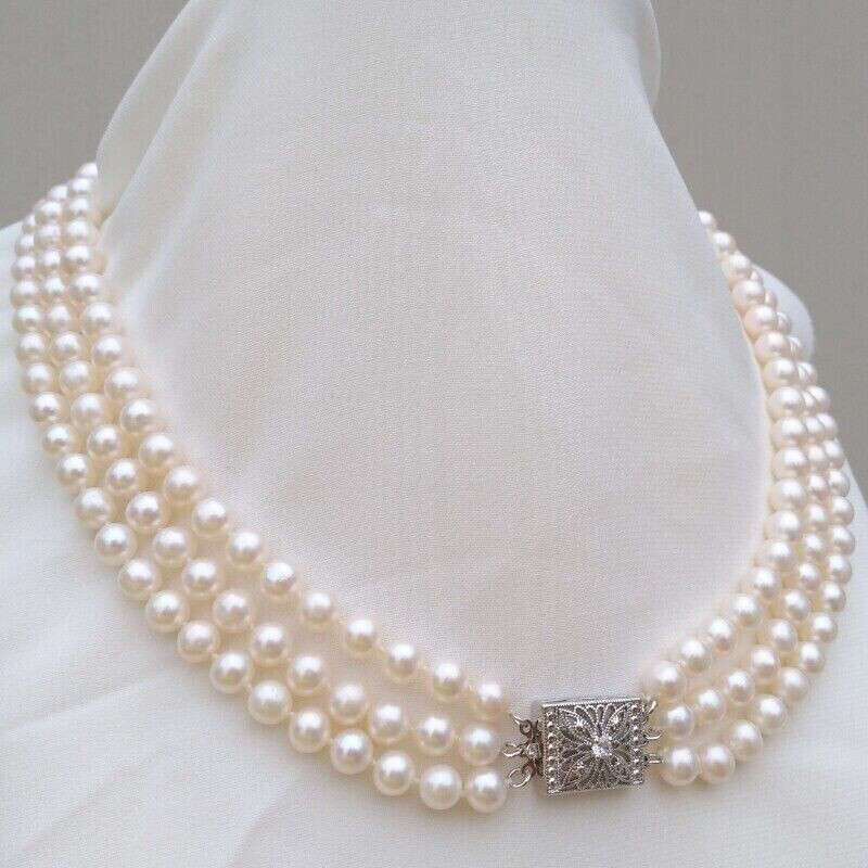 17″-19″ Triple Strand Natural 8-9mm Akoya Round White Pearl Necklace 925 Clasp