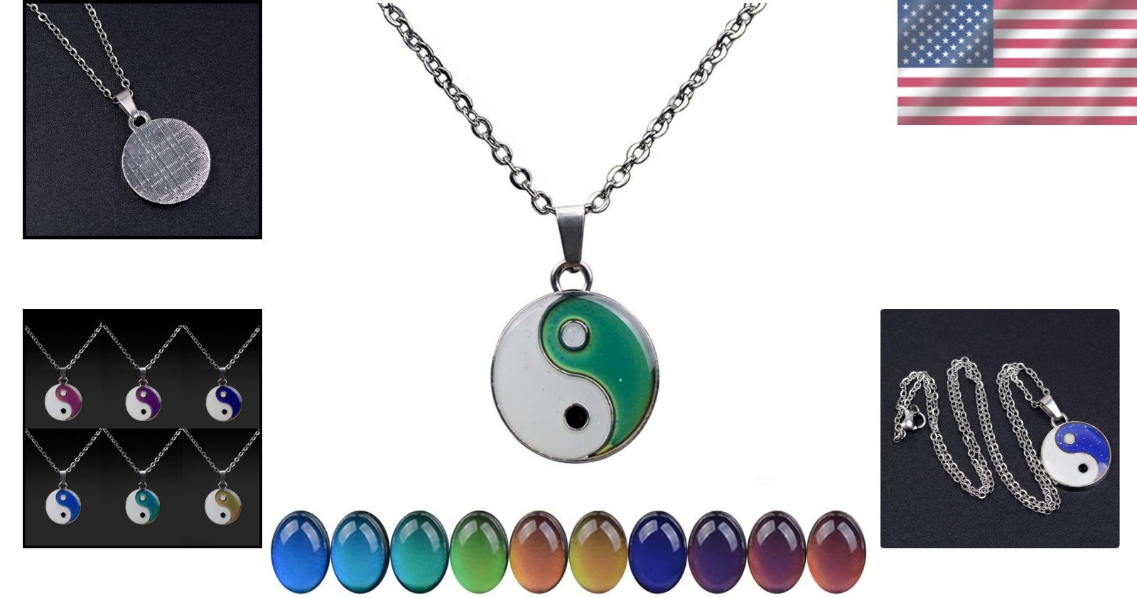 19.29″ Stainless Steel Rolo Chain with Color Changing Yin Yang Pendant Necklace