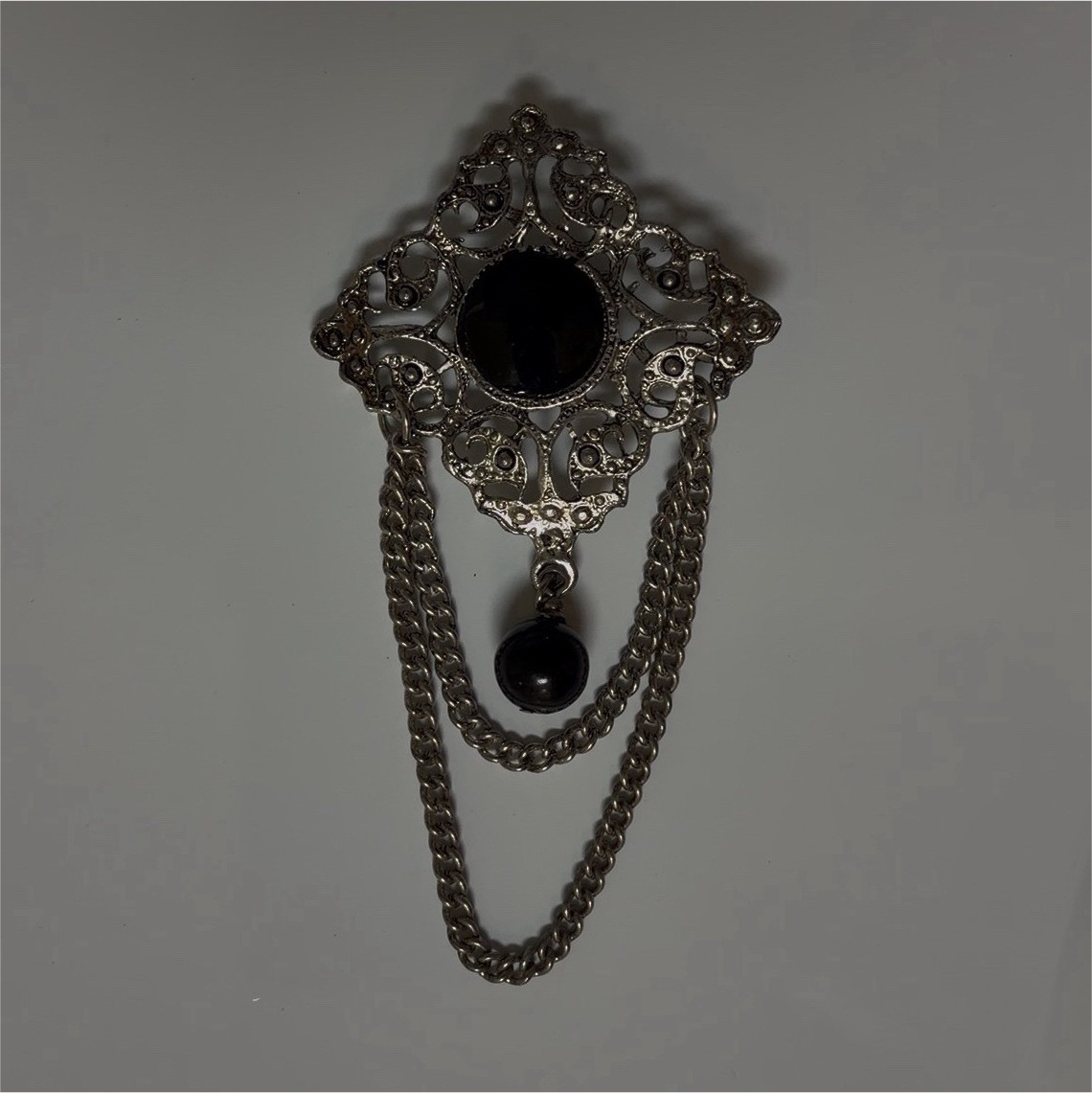 Vintage Gothic Brooch Silver Tone Black Cabochon Mourning Pin Chain Dangle