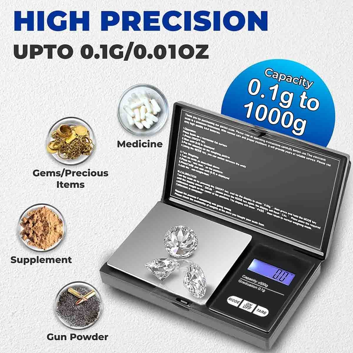 Digital Pocket Gram Scale 1000g x 0.1g, for Food, Jewelry, Grains, Tare Function