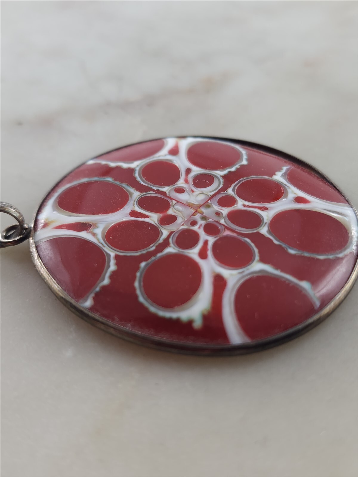 Sterling Silver Geometric Mother of Pearl Shell Inlay Red Pendant 10.7 Grams
