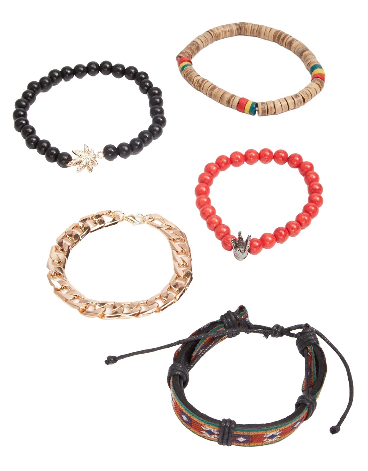 5 Pack Rasta Bead Weed Leaf 420 Gold Chain Black Red Beads Unisex Bracelet Set