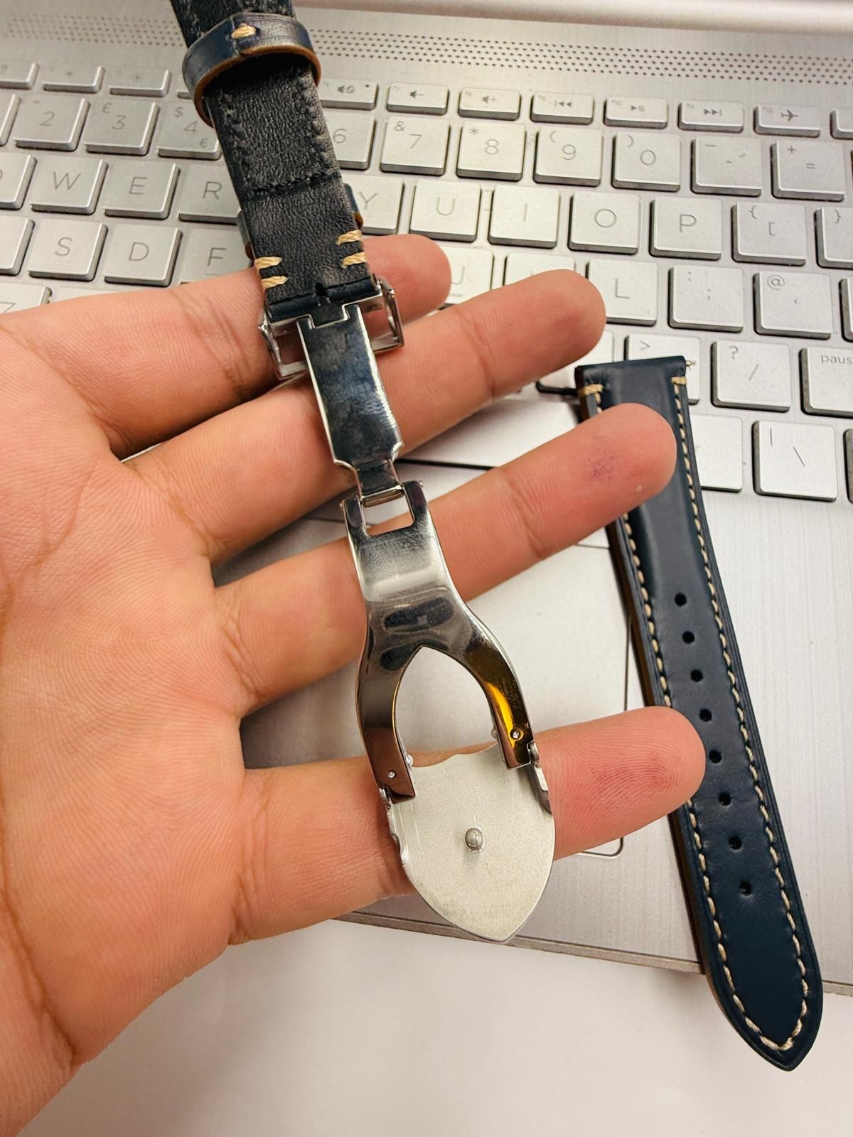 Tudor 22mm Dark Blue Leather Watch Strap With Silver Deployment Clasp Solid