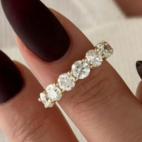 Round Cut Lab Grown Diamond Half Eternity Band Ring 14K Yellow Gold