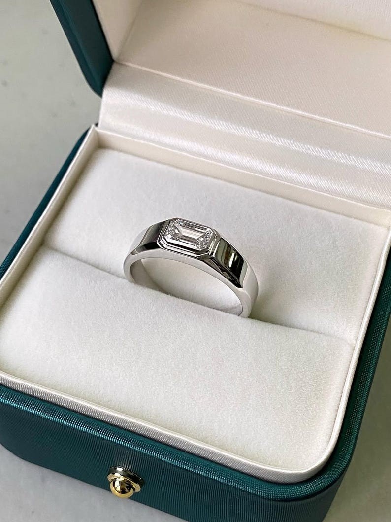 1.0 CT Emerald Cut Moissanite Solitaire 14K Gold Signet Engagement Ring