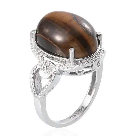 South African Tigers Eye (Ovl) Ring in Stainless Steel (Size 9.0) Ring Box