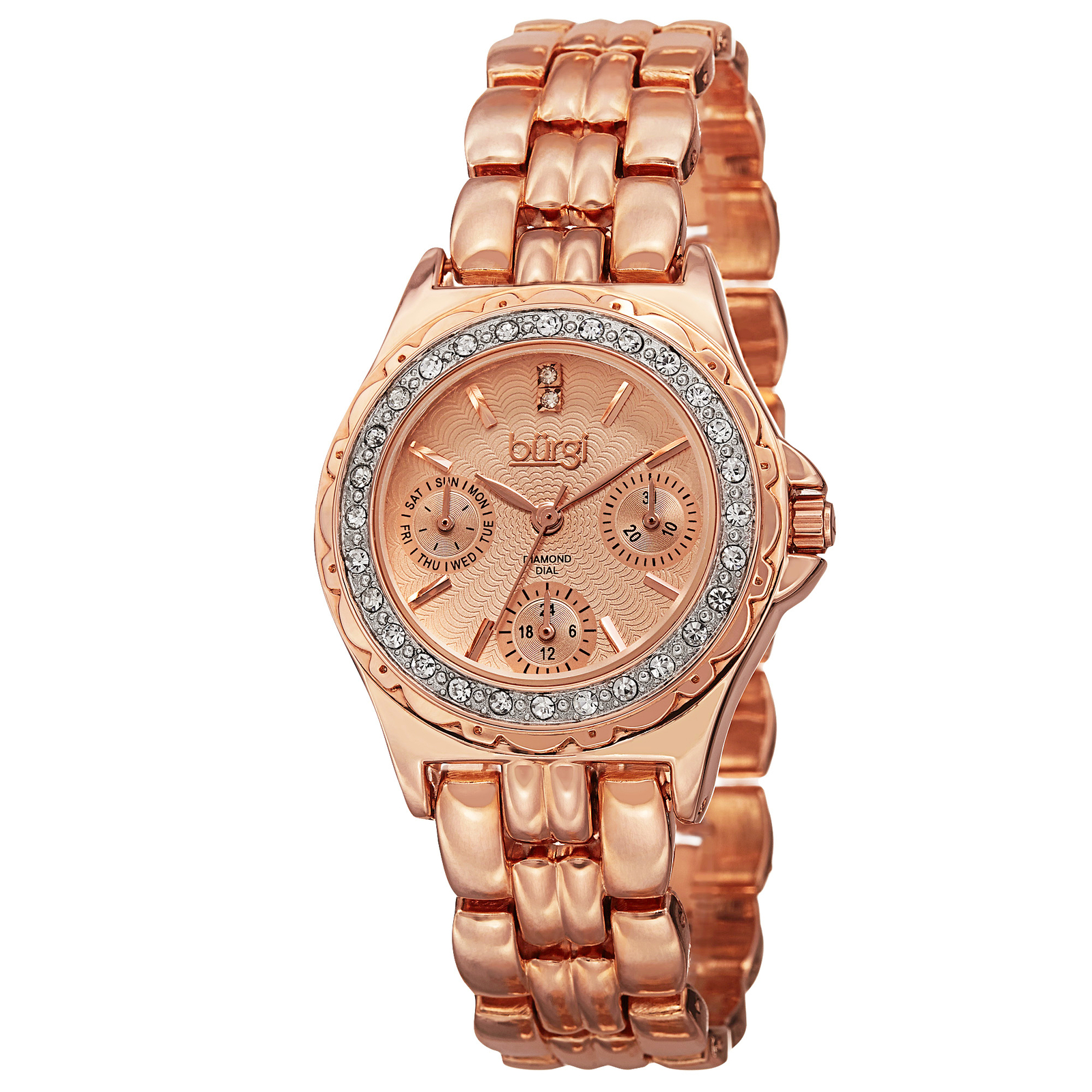 Women’s Burgi BUR117RG Multifunction Engraved Diamond Dial Crystal Bezel Watch