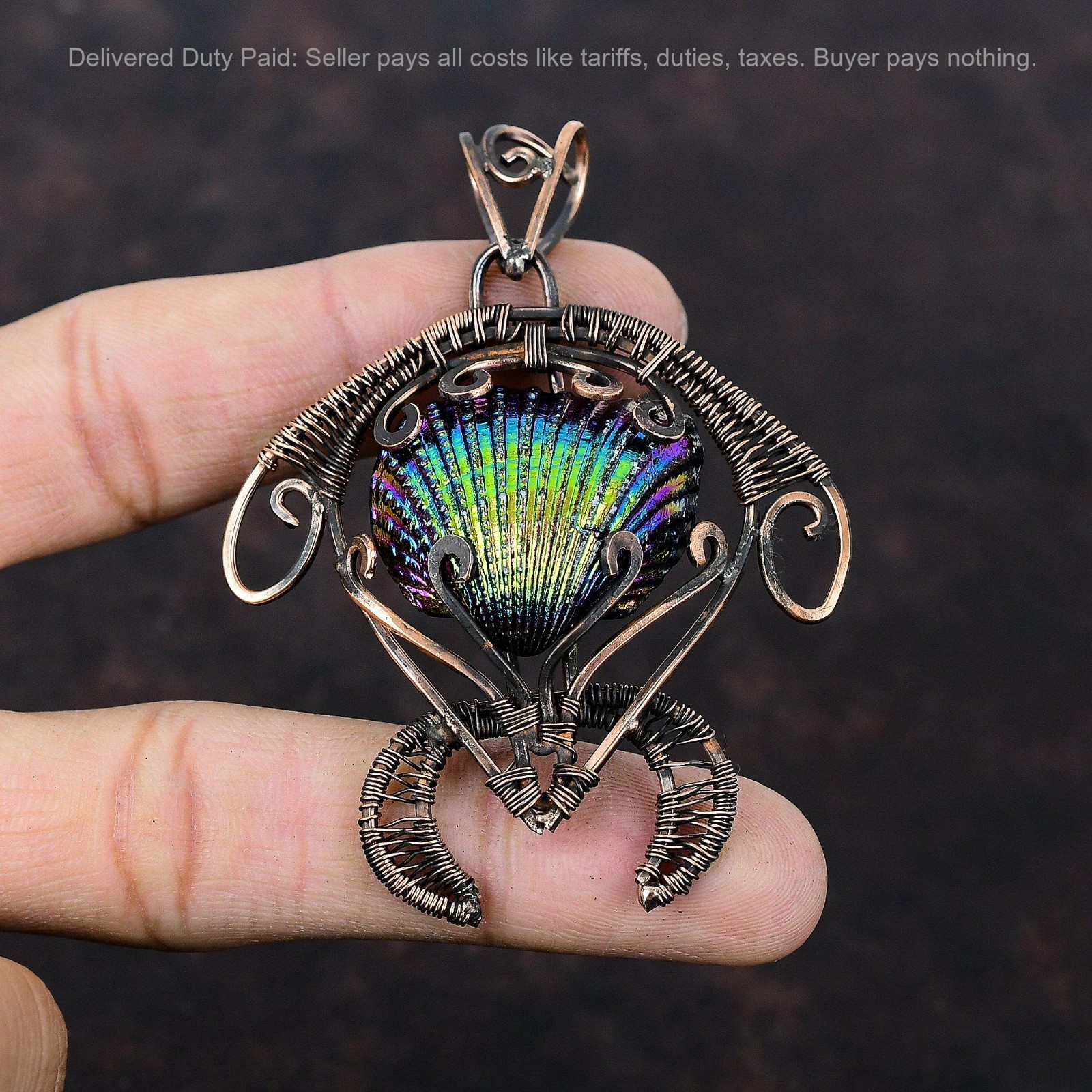 Copper Natural Titanium Coated Shell Boho Wire Wrapped Tortoise Pendant Jewelry
