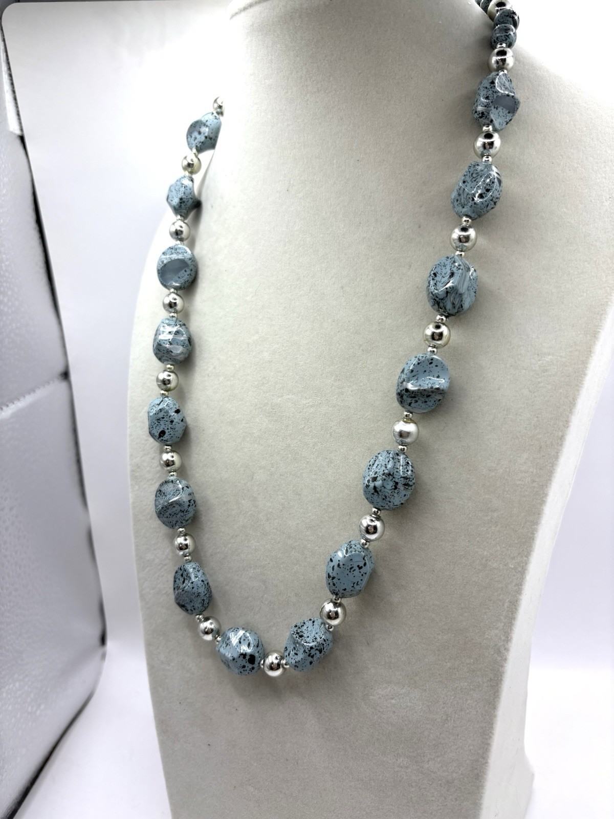 Slate Blue Speckled Pinch Beads & Silver Tone Beaded VTG Necklace