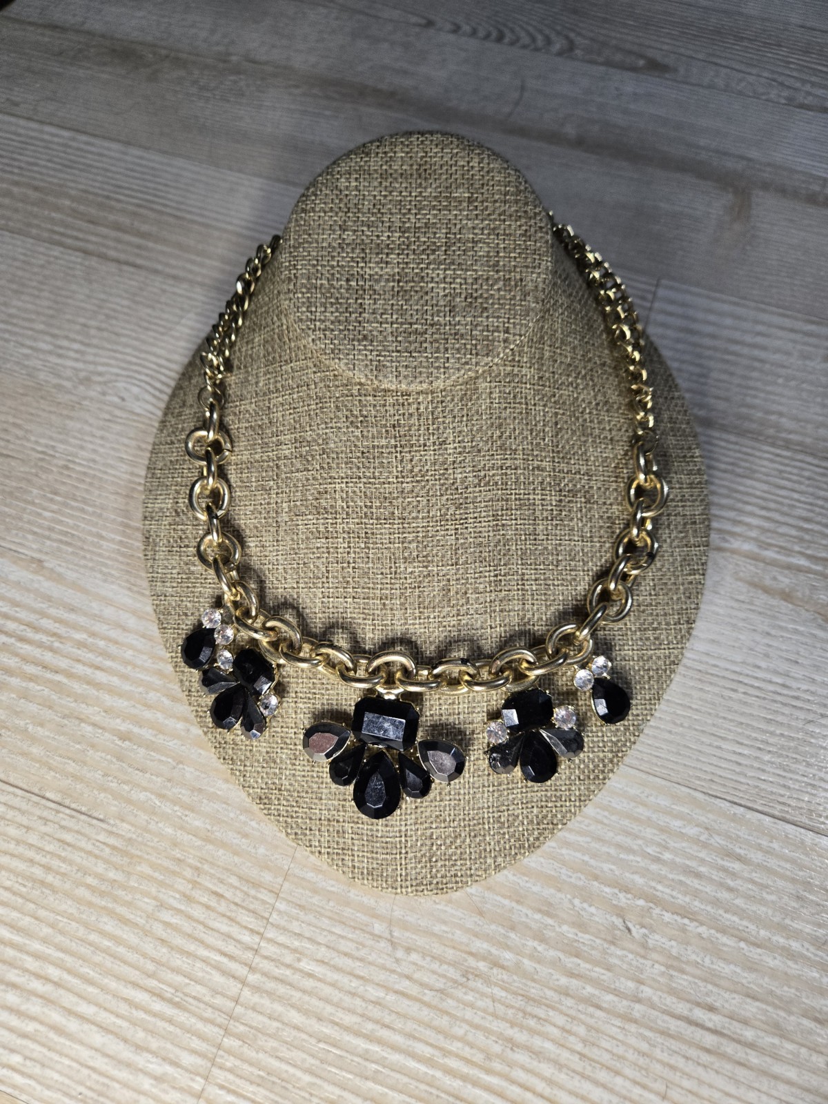 Gold Tone Statement Bib Necklace Black Crystal Rhinestone Floral Cluster Bold