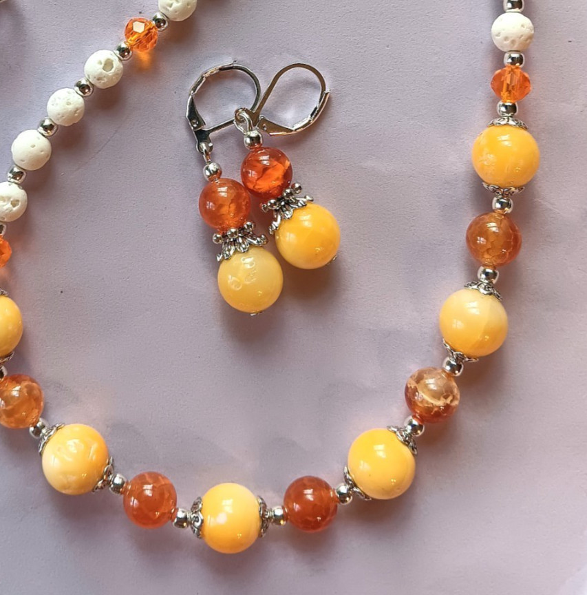 orange AGATE yellow SHELL PEARL Lava Rock necklace SP LEVERBACK handcrafted