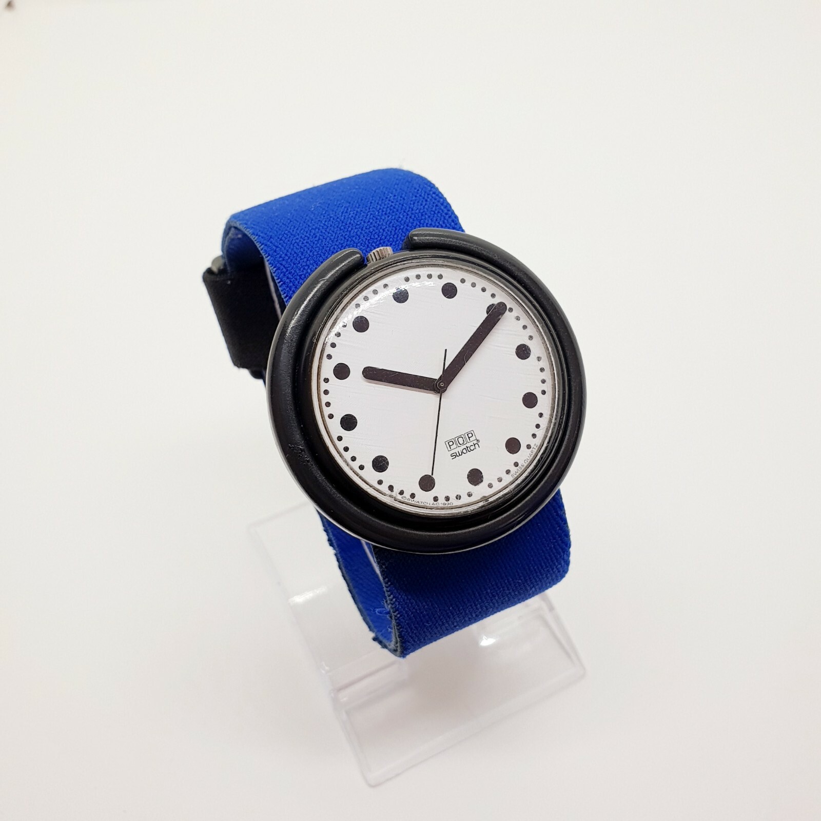 1990 Rare Pop Swatch Watch Black Dots Seconds Hand no Lume Blue Pop Strap 90s