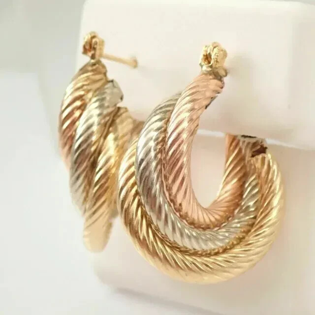 Estate Vintage 14K Yellow Rose White Gold Plated Silver TRI COLOR Hoop Earrings