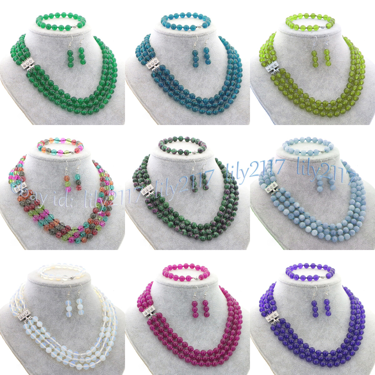 3 Rows Natural Multicolor Jade Round Gems Necklace Bracelet Earrings Jewelry Set