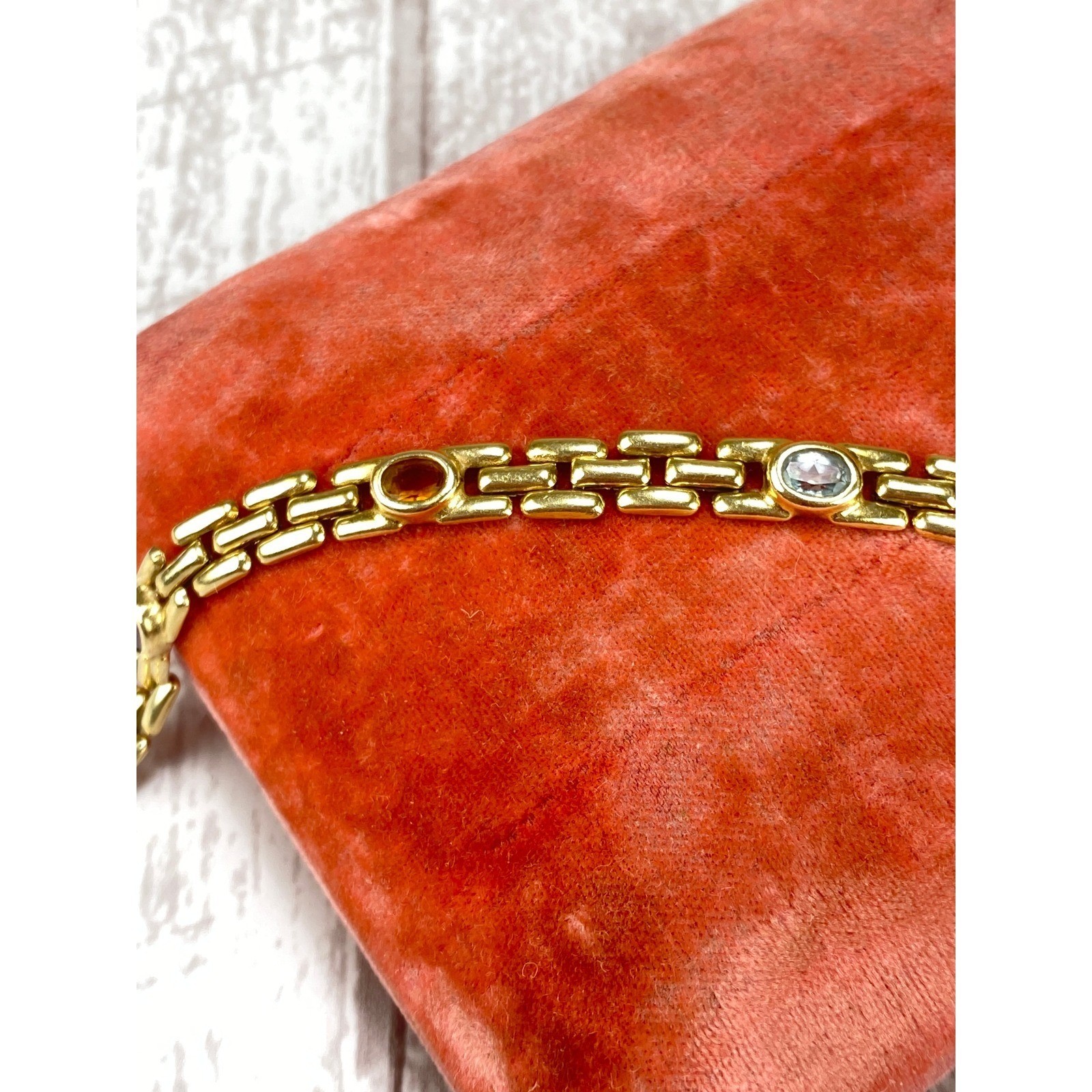 Estate 14k Yellow Gold Panther Link Multi Gemstone Rainbow Bracelet 7.25in