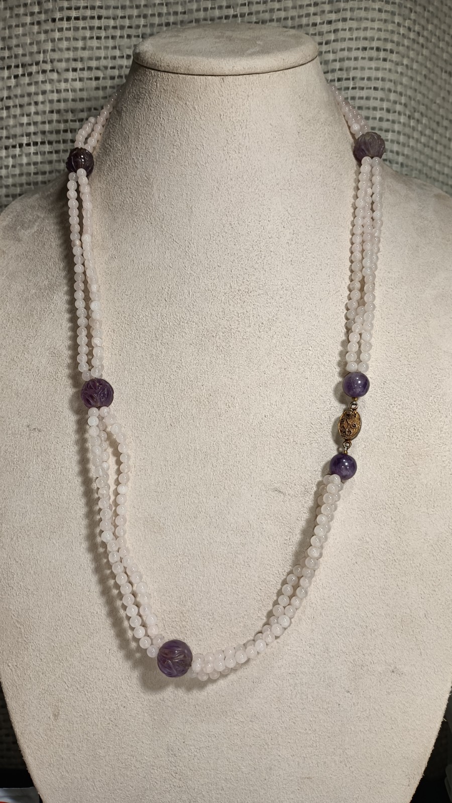 Vintage Chinese Rose Quartz Carved Amethyst Stone Beaded Necklace Silver Clasp