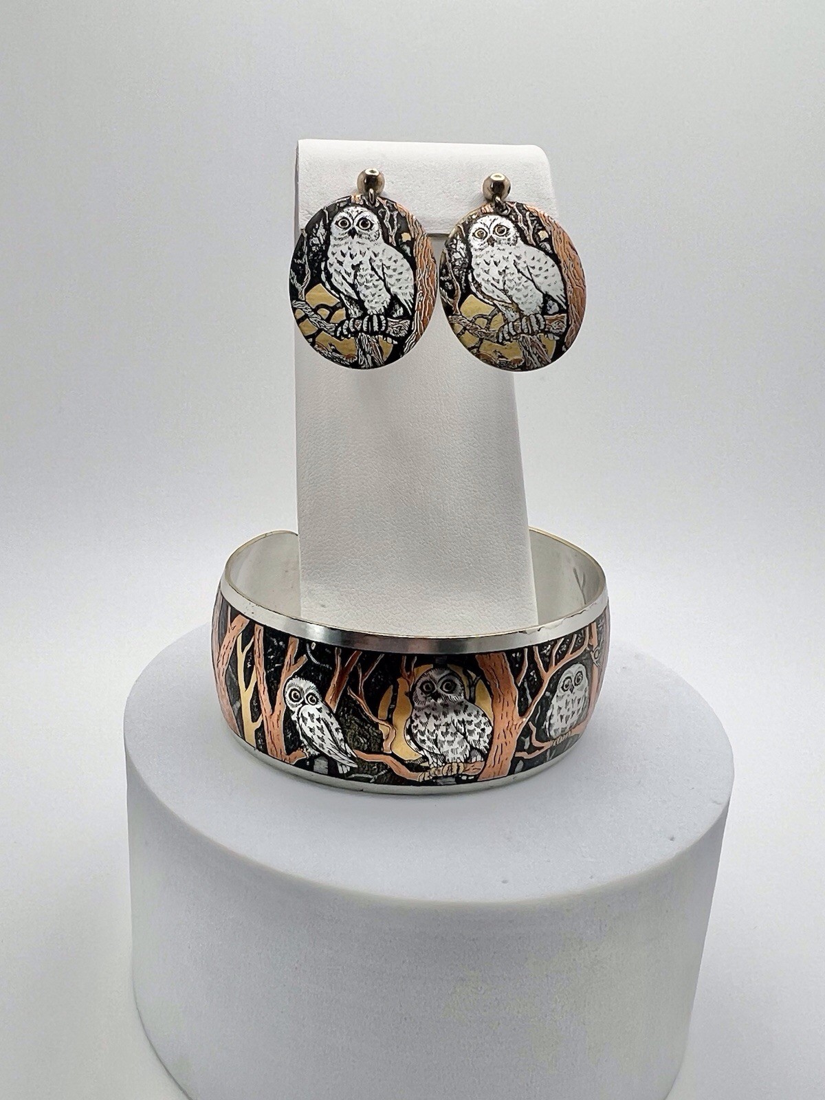 Vintage OWL Spooky REED & BARTON Damascene Cuff Bracelet Dangle Earrings Set