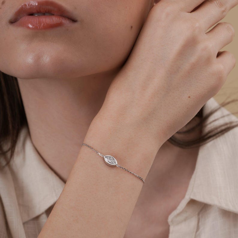 1.0 CT Marquise Cut Moissanite Bezel Set 14K Gold Solitaire Chain Bracelet