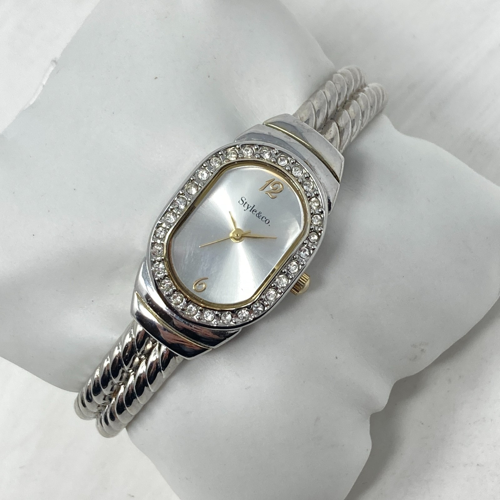 Style & Co Women Watch Silver Gold Tone Crystals Twisted Cable Cuff New Battery