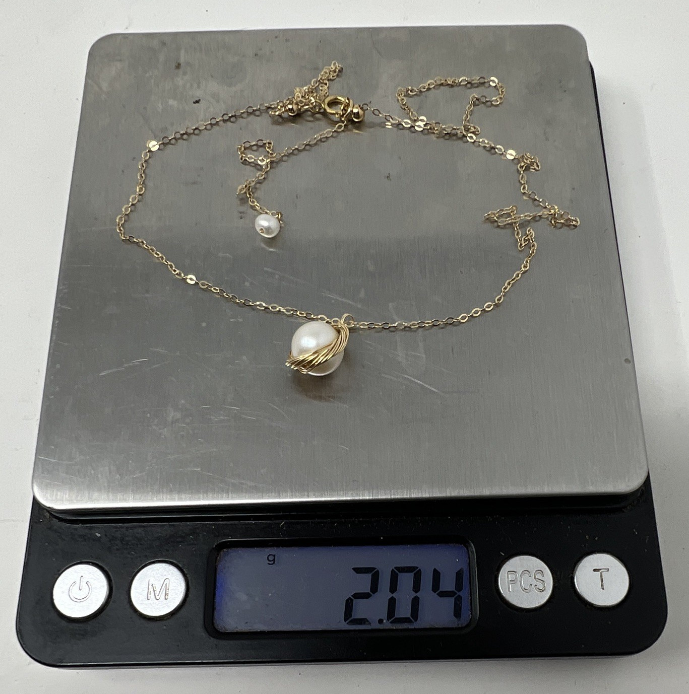 1/20 14K GF Gold Wire Wrap White Pearl Pendant Necklace Cable Chain Dangle
