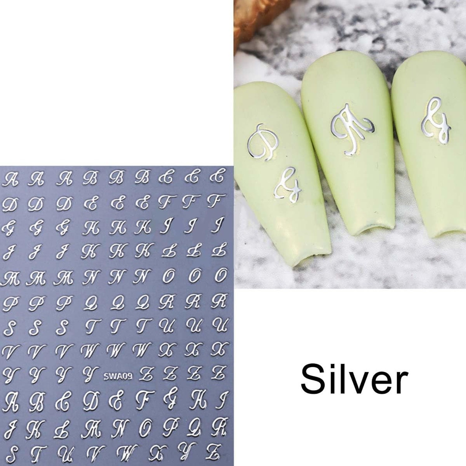 12 Sheets Letter Nail Stickers for Nail Art – Gold, Silver, Black, White Init…