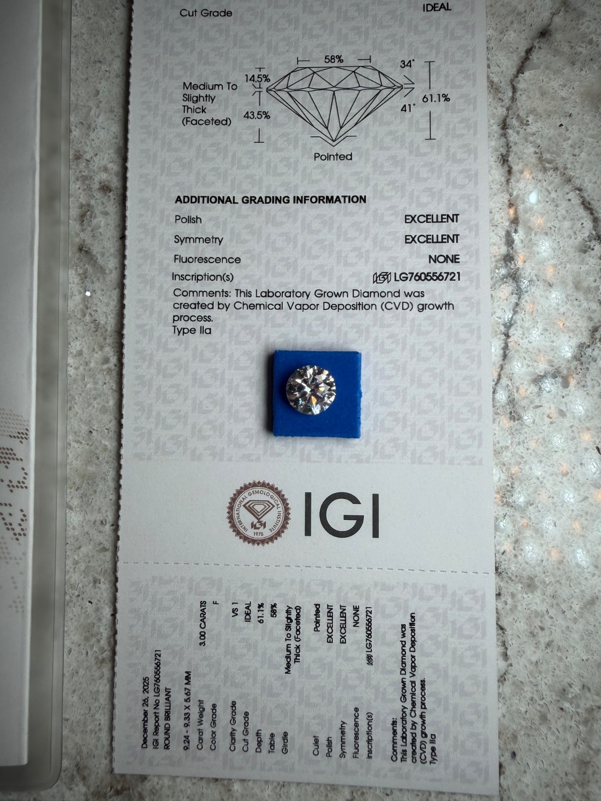 Certified 3.00 Carats Lab Grown Brilliant Round Diamond Excellent Symmetry