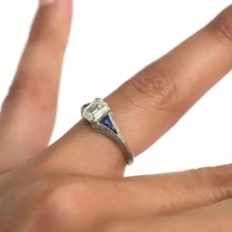 Art Deco Style Emerald Cut Lab Created Diamond Engagement 14K White Gold FN Ring