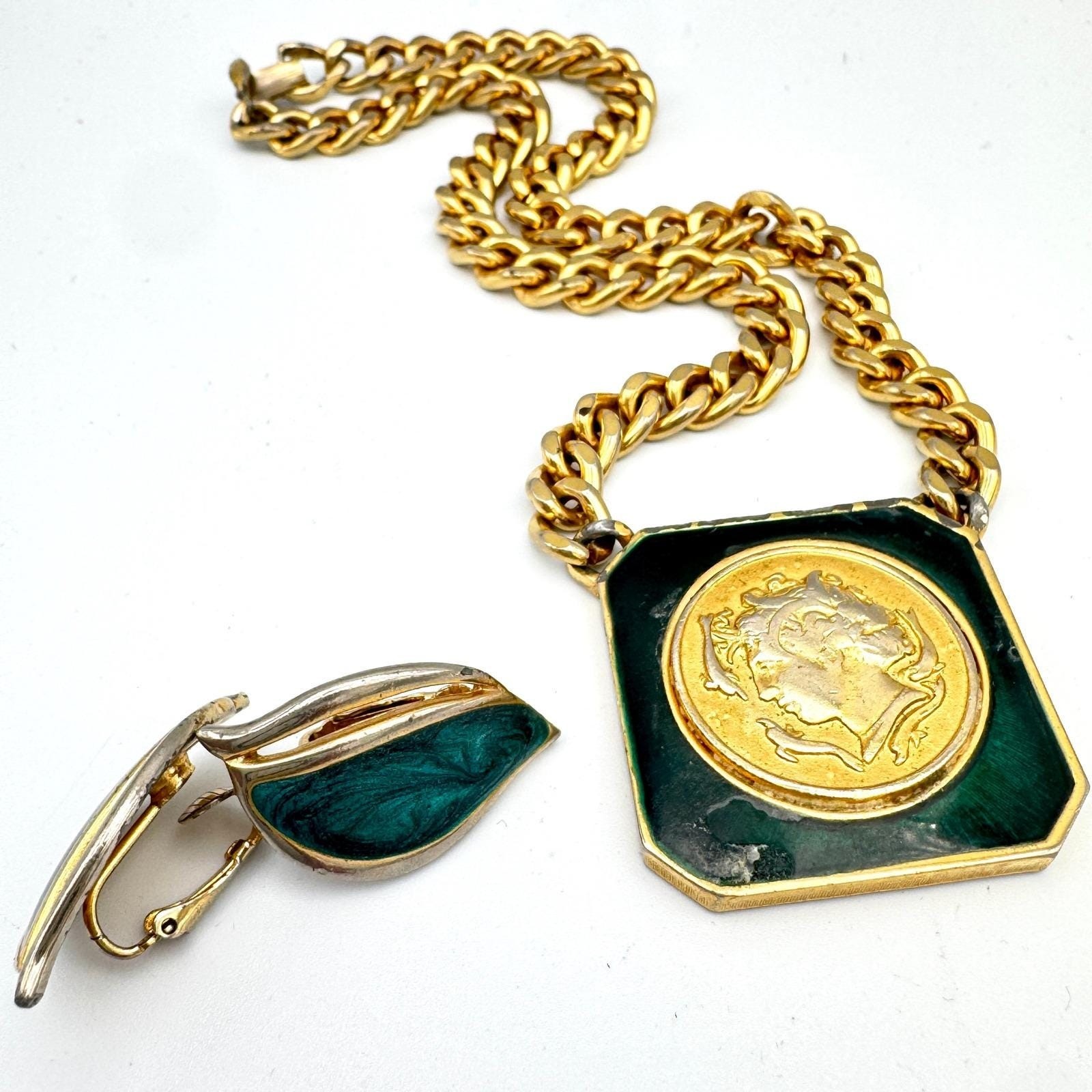 Gold Tone Roman Coin Medallion Necklace Earrings Set Enamel Heavy Curb Chain 93g