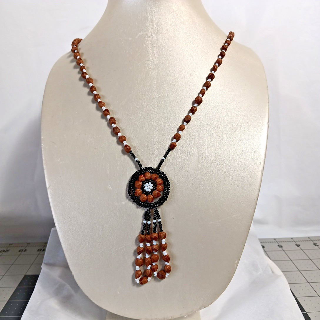 Ghost Bead Necklace Black White Brown Juniper Berry Seed Leather Mandala Tassel