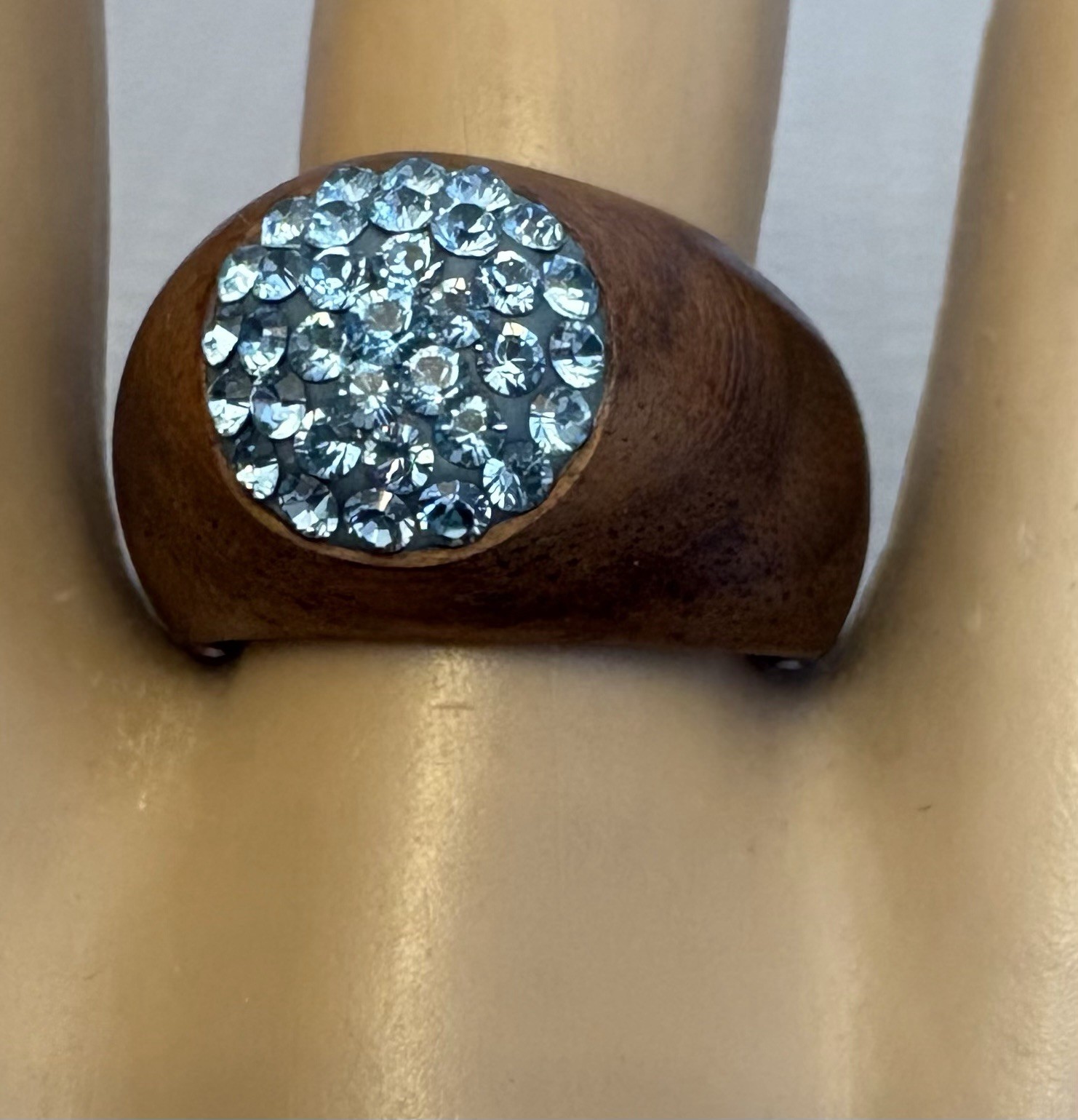 Walnut Wood Ring Aqua Swarovski Crystal Pave Set Dome size 7.25