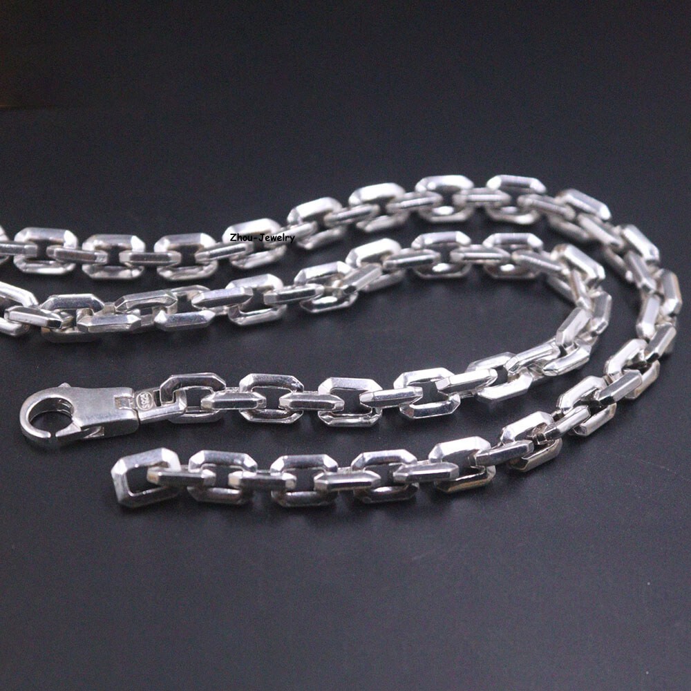Real S925 Sterling Silver Chain Men 6mm Square O Link Necklace 68-69g 23.6inch