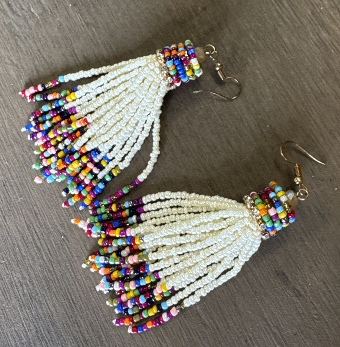 Multicolor & White Two Tone Color Block Seed Bead Tassel Dangle Earrings