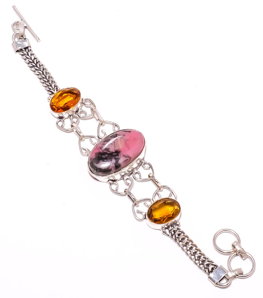 Black Manganese In Rhodonite & CiRine 925 Silver Plated Bracelet 7-7.99″ TB117