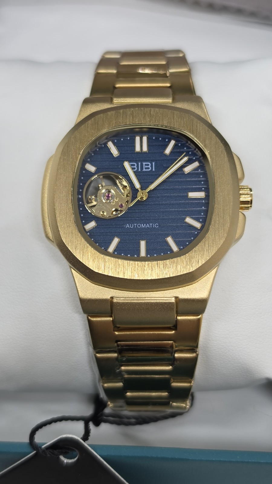 BIBI Luxury Automatic Skeleton Blue Face Watch Gold-Tone Stainless Steel Band