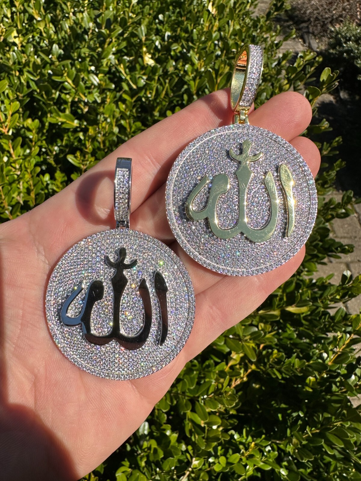 MOISSANITE Real 925 Silver / Gold Allah Medallion Arabic Necklace Pendant Iced