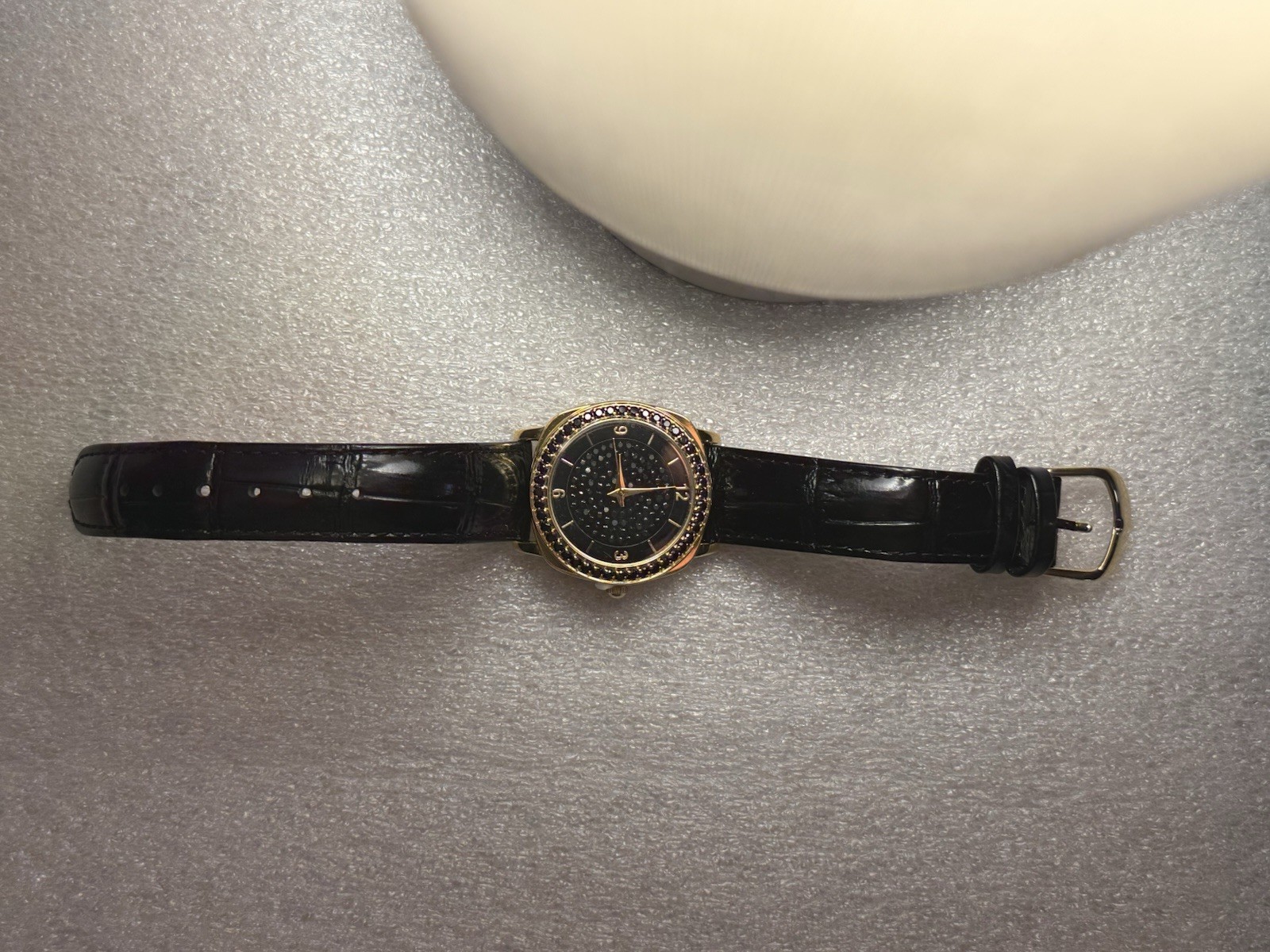 New Victoria Wieck Watch Womens Black Crystal Gold Trim Black Leather See Desc.