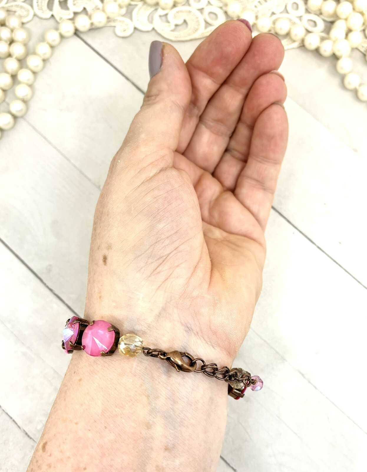 PINK Plaid Cup Chain Statement Bracelet made with Pink Austrian Crystals