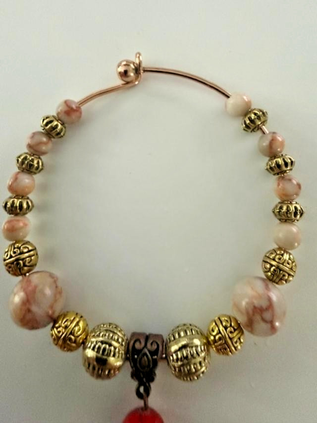 Boho Pink Red Mixed Bead Open Wire Bangle Bracelet Drop Charm 2.5″