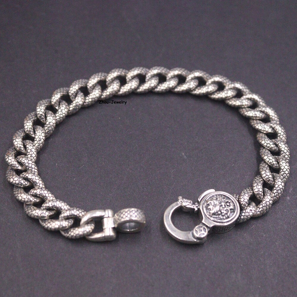 Real S925 Sterling Silver Chain 9mm Dragon Scale Curb Link Bracelet 34-35g 7.9in