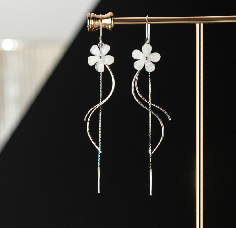Silver Plated Flower Dangle Drop Pull Through Tassel Threader Earrings PE48