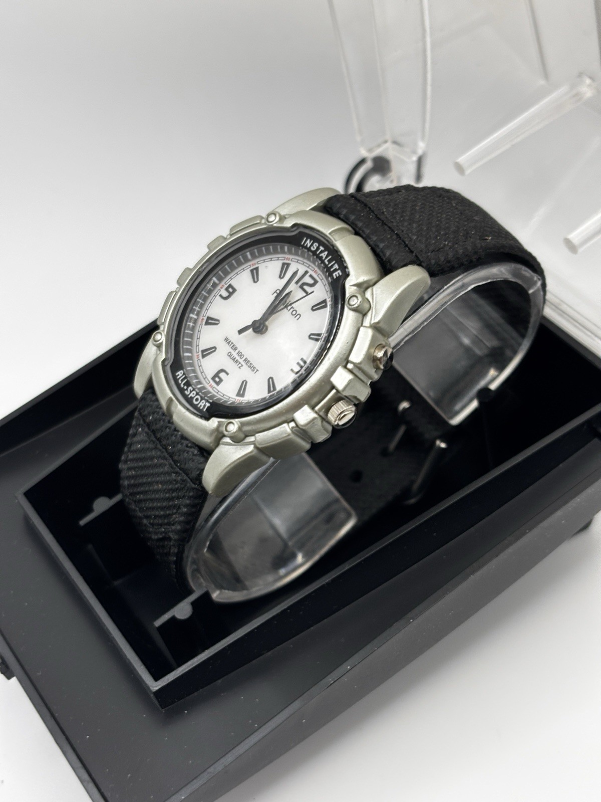 Armitron Instalite Watch Men 30m Silver Black Plastic Battery Light White Quartz