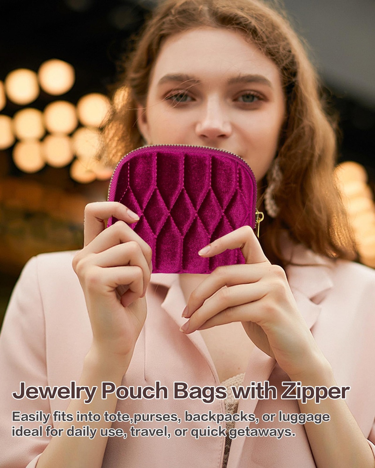 Vidifina Travel Jewelry Case,Mini Bag with Zipper, RosePurple