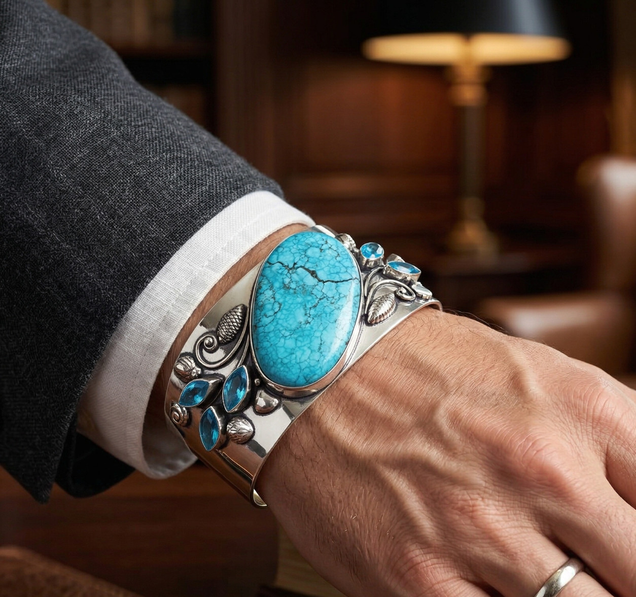 Natural Turquoise, Blue Topaz Cuff Bracelet 925 Sterling Silver Jewelry ADJ