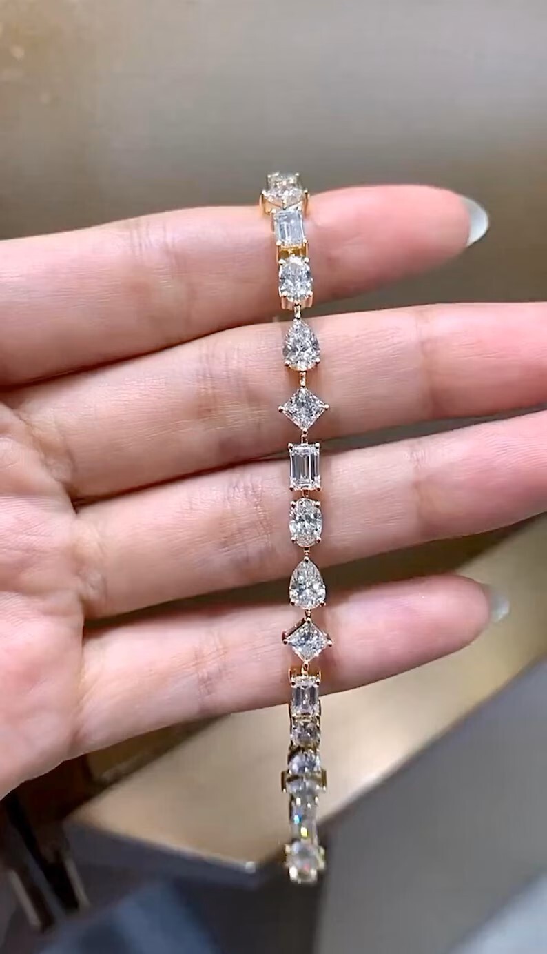 Multi Shape Link Chain Bracelet 925 Silver Lab created Moissanite gift Bracelet