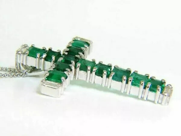 3.00 CT Emerald Cut Green Emerald Cross Pendant Necklace 14k White Gold Finish