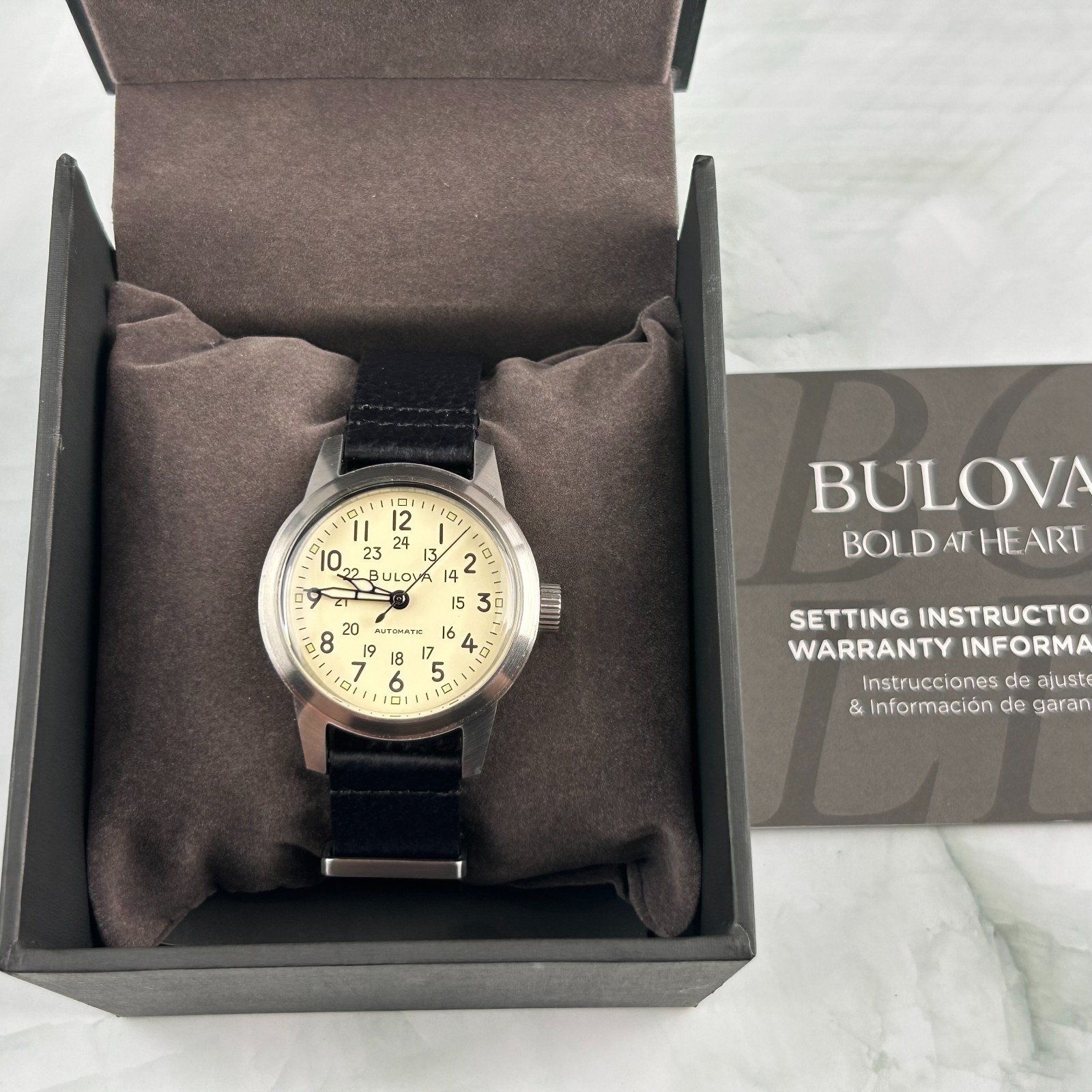 Bulova 96A246 Hack Ivory Dial Black Leather Strap Men’s Automatic Watch