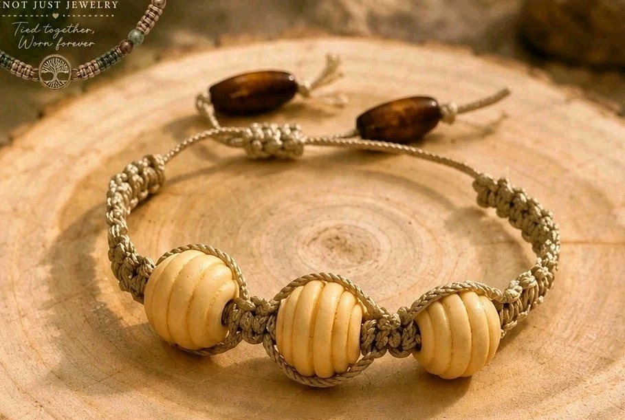 Handmade Boho Macrame Bracelet anklet Adjustable Natural Wood Beaded Unisex