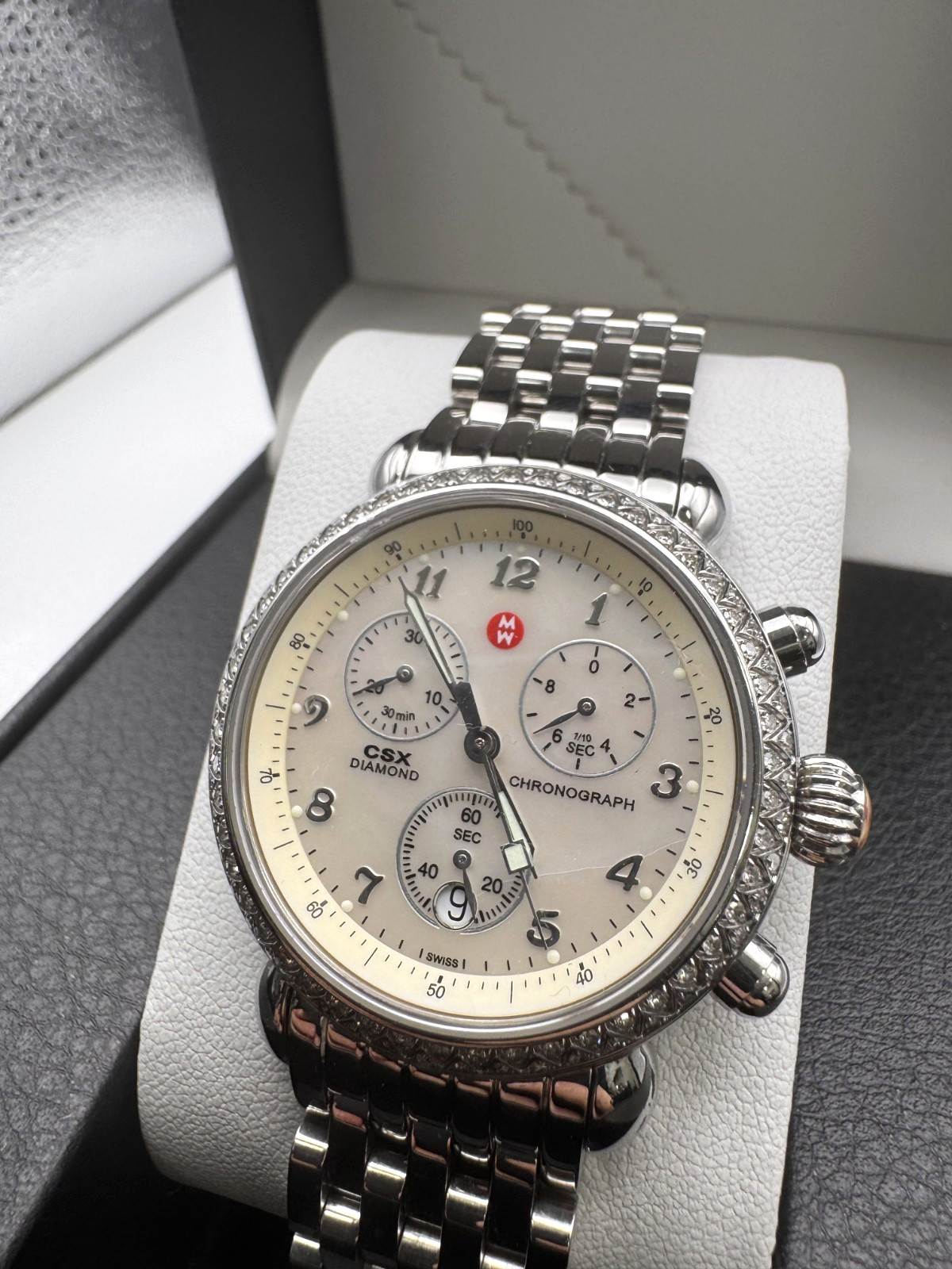 Women SWISS CHRONOGRAPH Watch MICHELE “CSX” 71-3600. Diamonds Bezel. MOP Dial