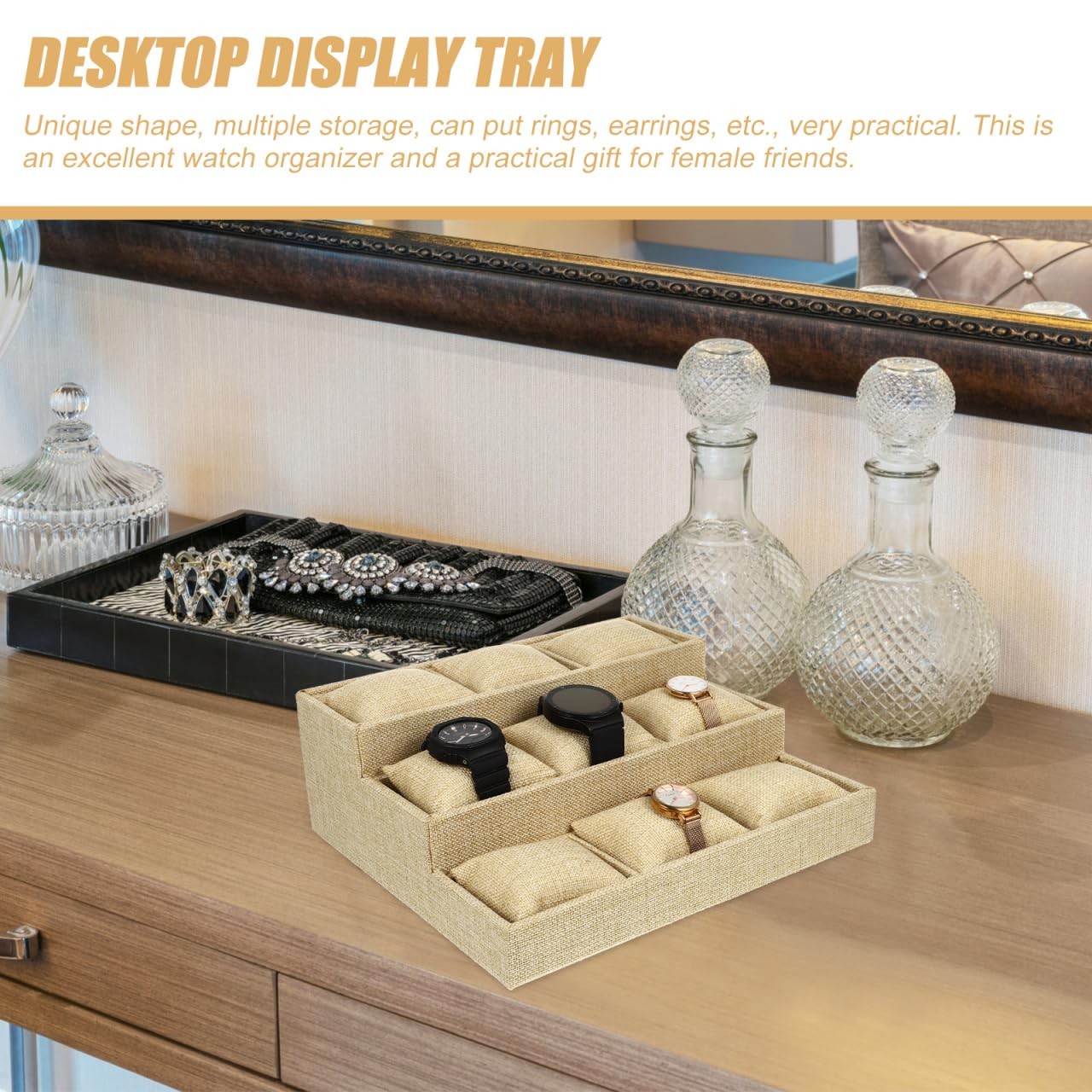 Watch Tray Organizer with 9 Soft Pillows Multi-Grid Jewelry Storage Display f…