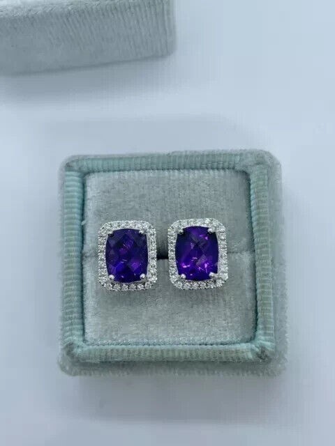 Cushion Cut Simulated Amethyst Gorgeous Halo Stud Earring 14k White Gold Plated